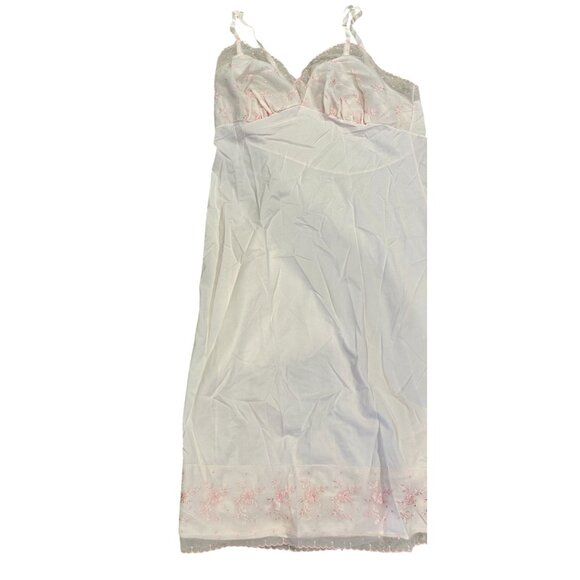 Vintage White w/ Pale Pink Floral Embroidered Slip Dress Adjustable Straps Lace - Picture 3 of 5